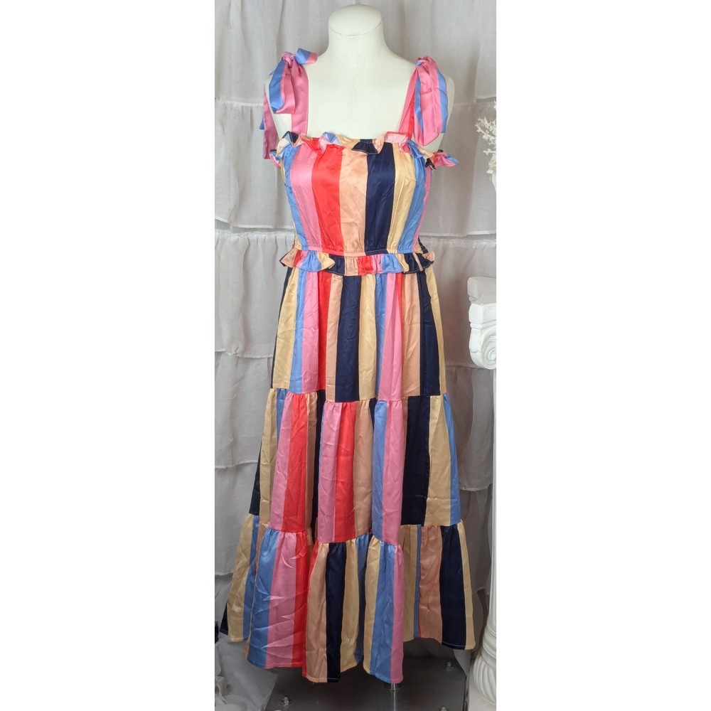 Petal + Pup Multicolored Striped Satin Smocked Back "Cobella" Maxi Dress 6 NWT - Picture 7 of 16